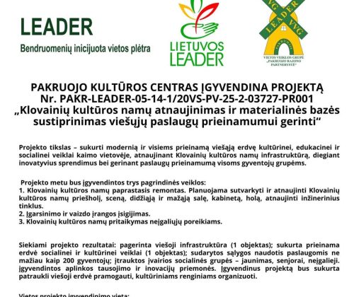 Pakruojo kultūros centras įgyvendina projektą „Klovainių kultūros namų atnaujinimas ir materialinės bazės sustiprinimas viešųjų paslaugų prieinamumui gerinti“